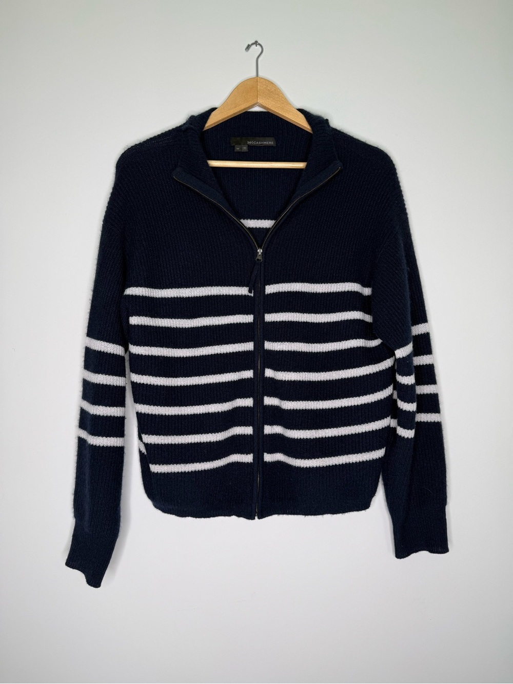 360 Cashmere Navy White Striped Full Zip Cashmere Sweater M